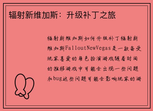 辐射新维加斯：升级补丁之旅